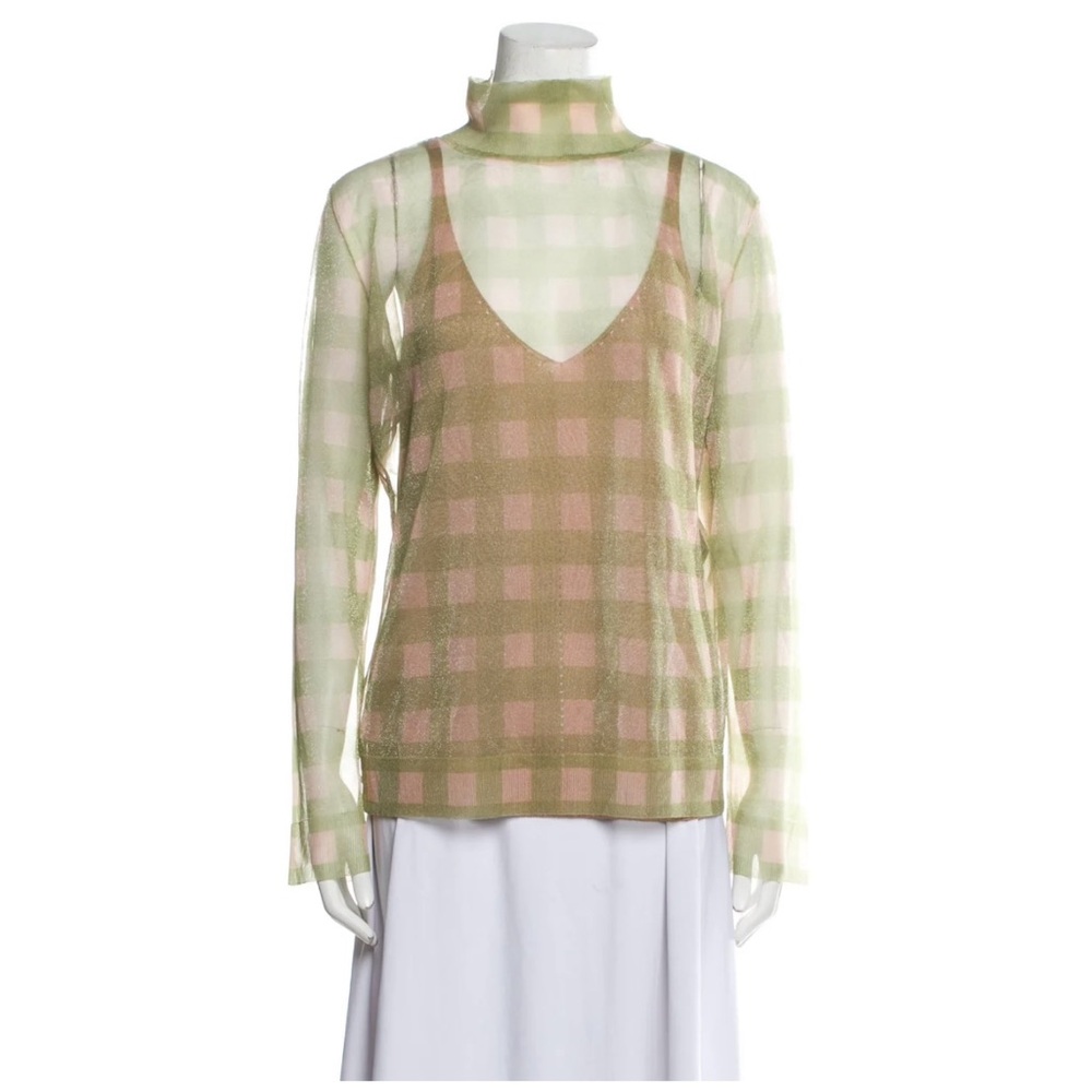 Fendi Sheer Green and Pink Plaid Turtleneck Top